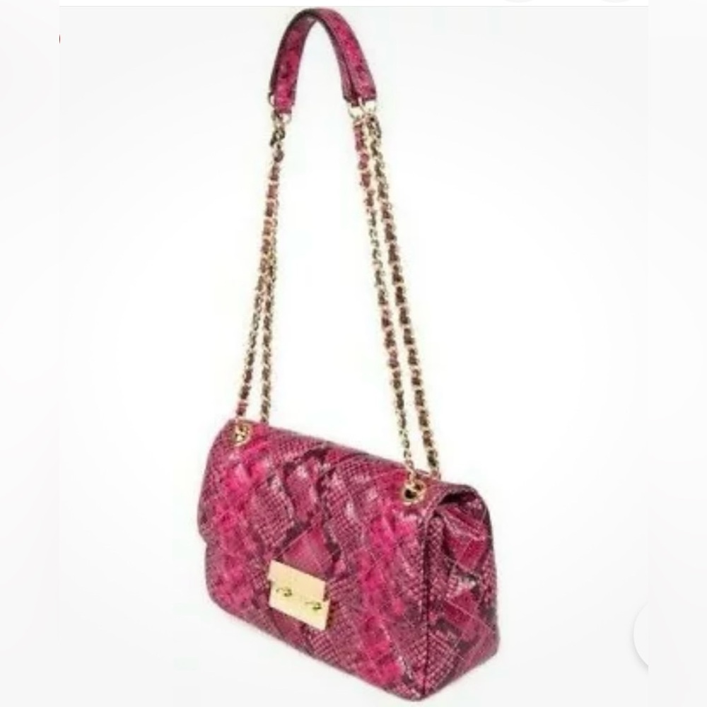 MICHAEL KORS SLOAN FUCHSIA PINK SNAKE LEATHER LG CROSSBODY SHOULDER BAG